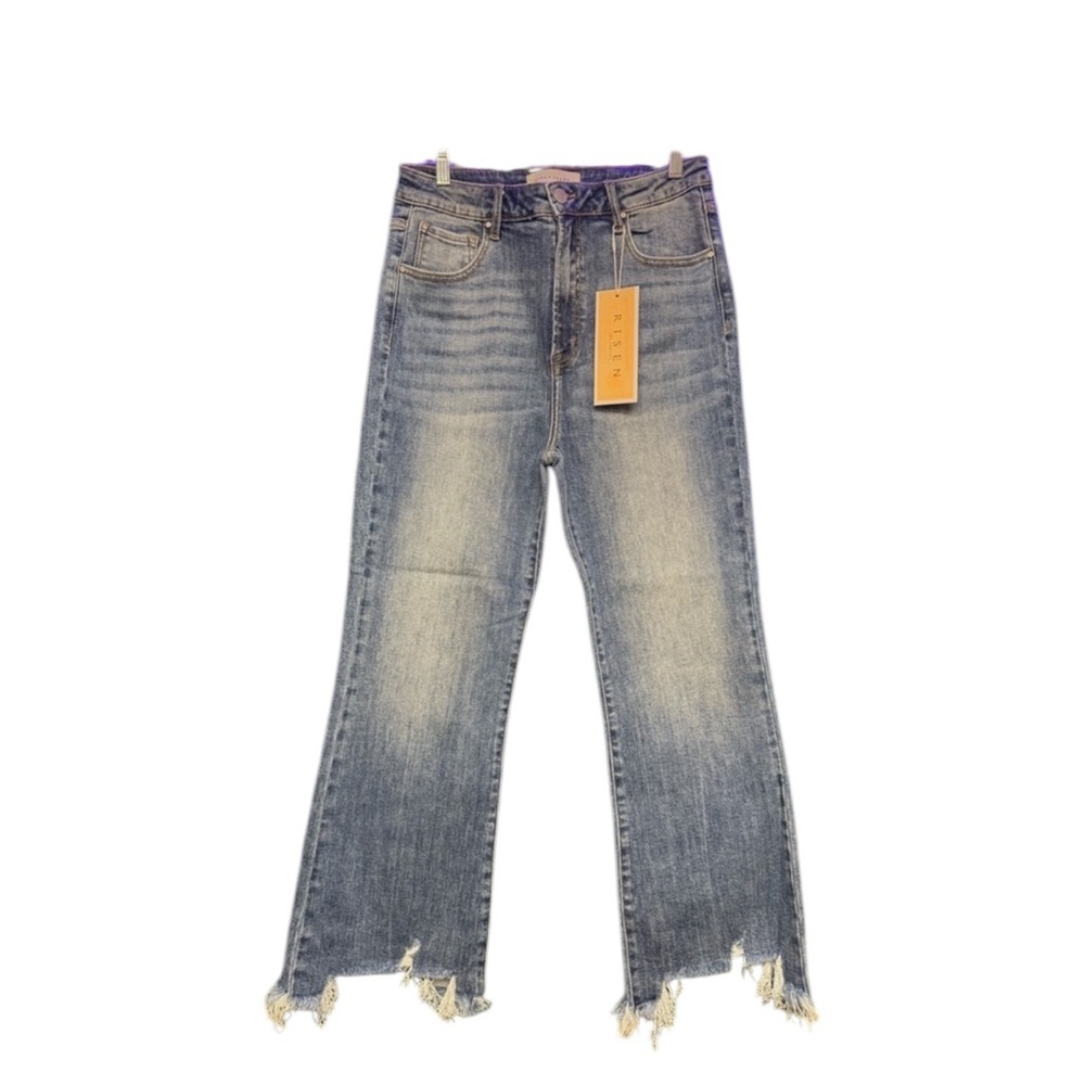 Risen blue Flare Jeans with Raw Hem and Vintage Wash